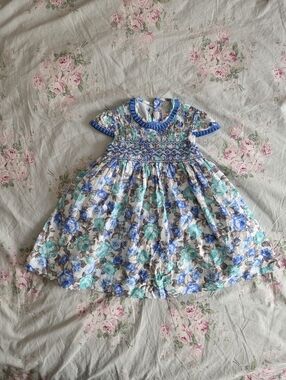 Handmade In Spain Smocked Blue Rose Floral Cotton Girls Dress Filita Artesania 2
